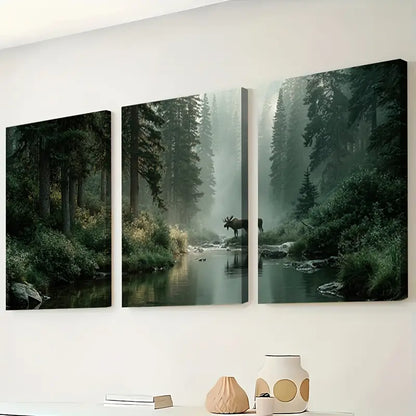 3pcs Canadian Poplar Forest Moose Scene Wall Art Set Canvas Framed 60x90cm - High Quality Print 100% Australian Made Wall Canvas Ready to Hang