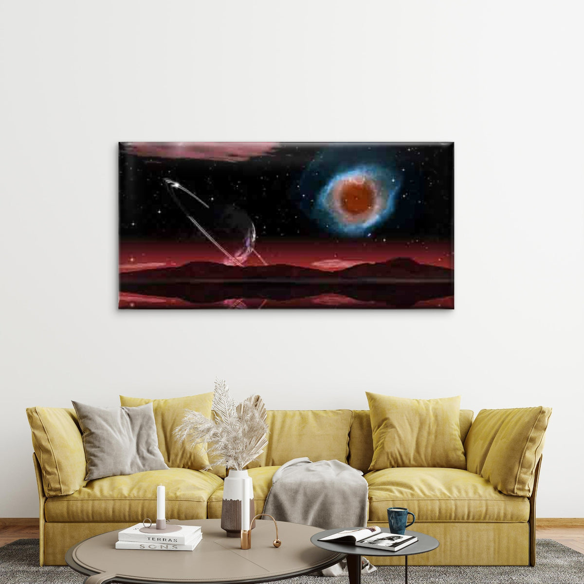 Red Nebula & Planet Rings Wall Art Canvas Office Home Room Framed 120x60cm