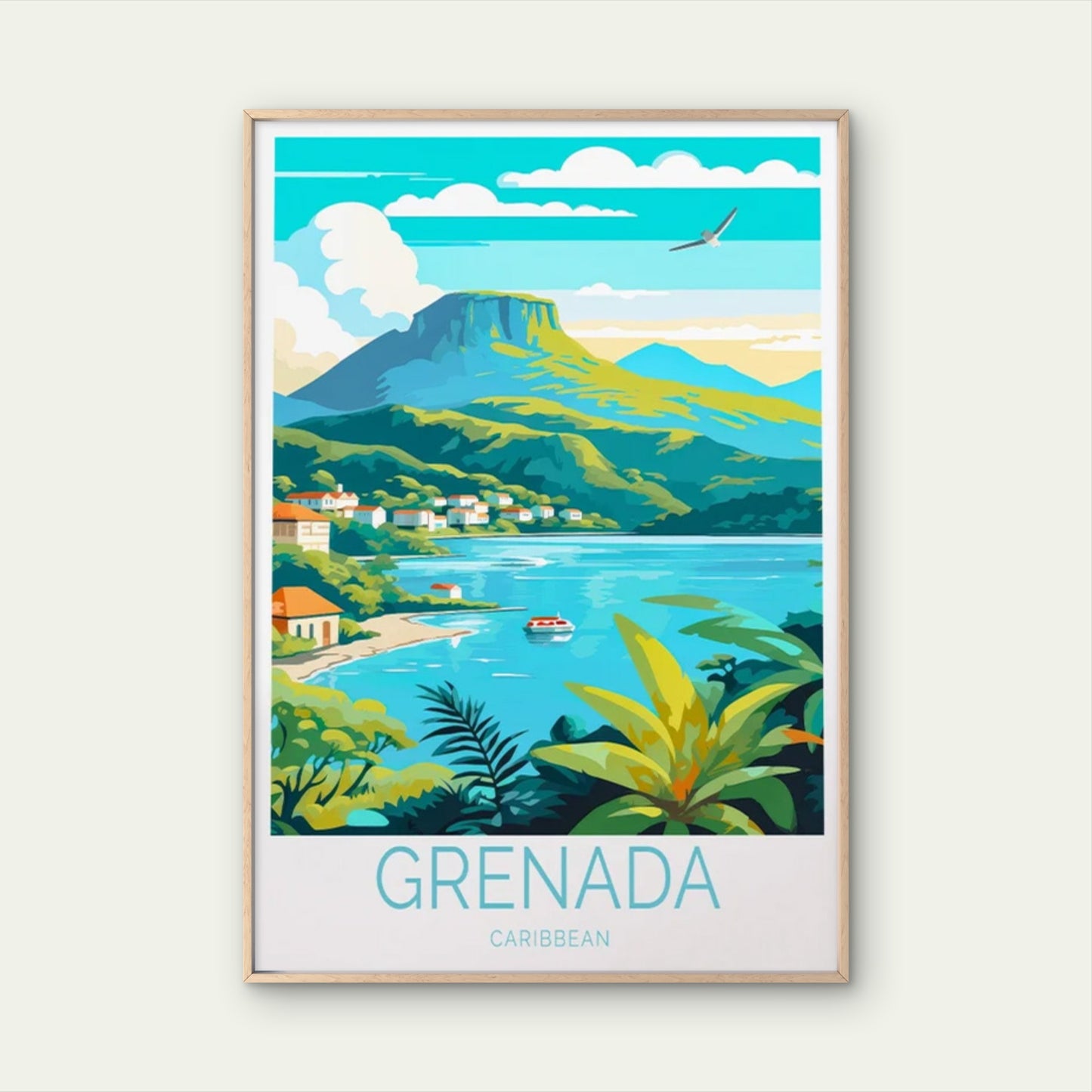 Grenada Caribbean, Beach and Mountains Travel Poster Print Wall Art