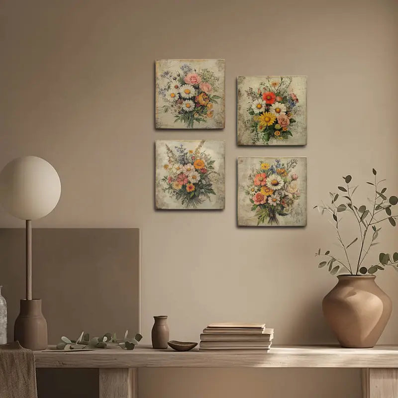 4pcs Flower Bouquet Wall Art Canvas Framed