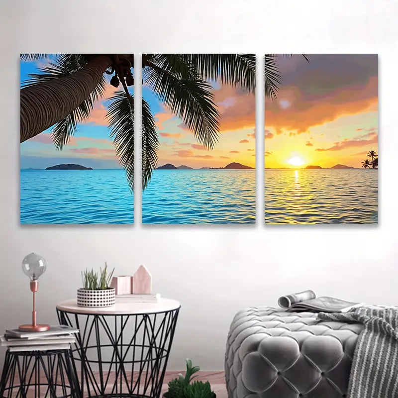 3pcs Tropical Beach Sunset Palm Ocean View Wall Art Set Canvas Framed 40x60cm - High Quality Print 100% Australian Made Wall Canvas Ready to Hang