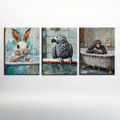 3pcs Rabbit, African Grey Parrot, Gorilla Whimsical Animal Metal Print Ready to Hang Art
