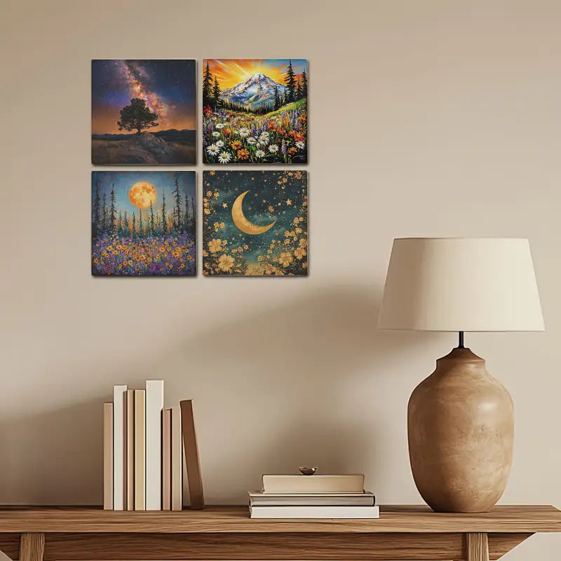 4pcs Sun And Moon View For Flower Garden Wall Art Canvas Framed