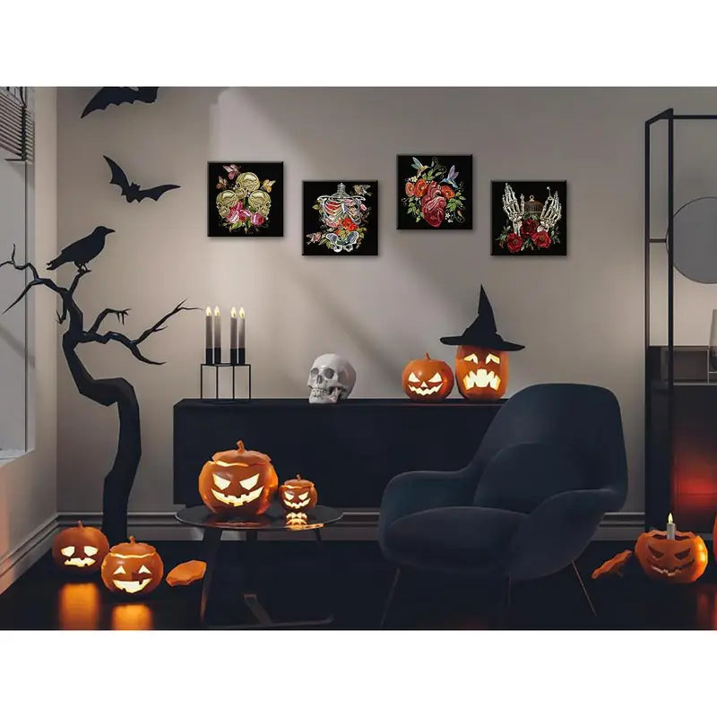 4pcs  Gothic Floral Skeleton Wall Art Canvas Framed