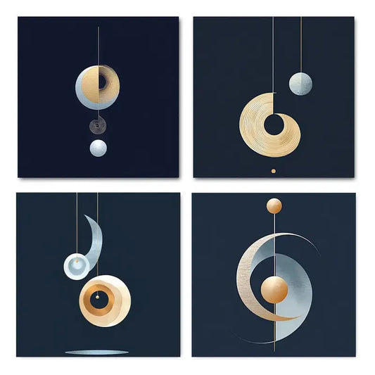 4pcs Golden & Blue Abstract Canvas Wall Art Canvas Framed