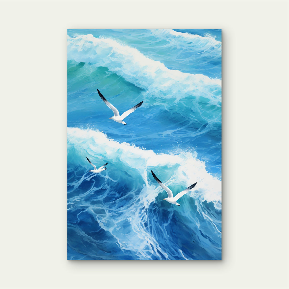 Illustration of Seagulls Flying Over Rough Ocean 40x60cm Metal Print Ready to Hang