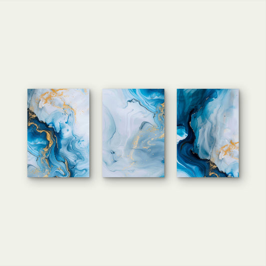 3pcs Blue Ocean Abstract Gold Marble Wave Metal Print Ready to Hang Art