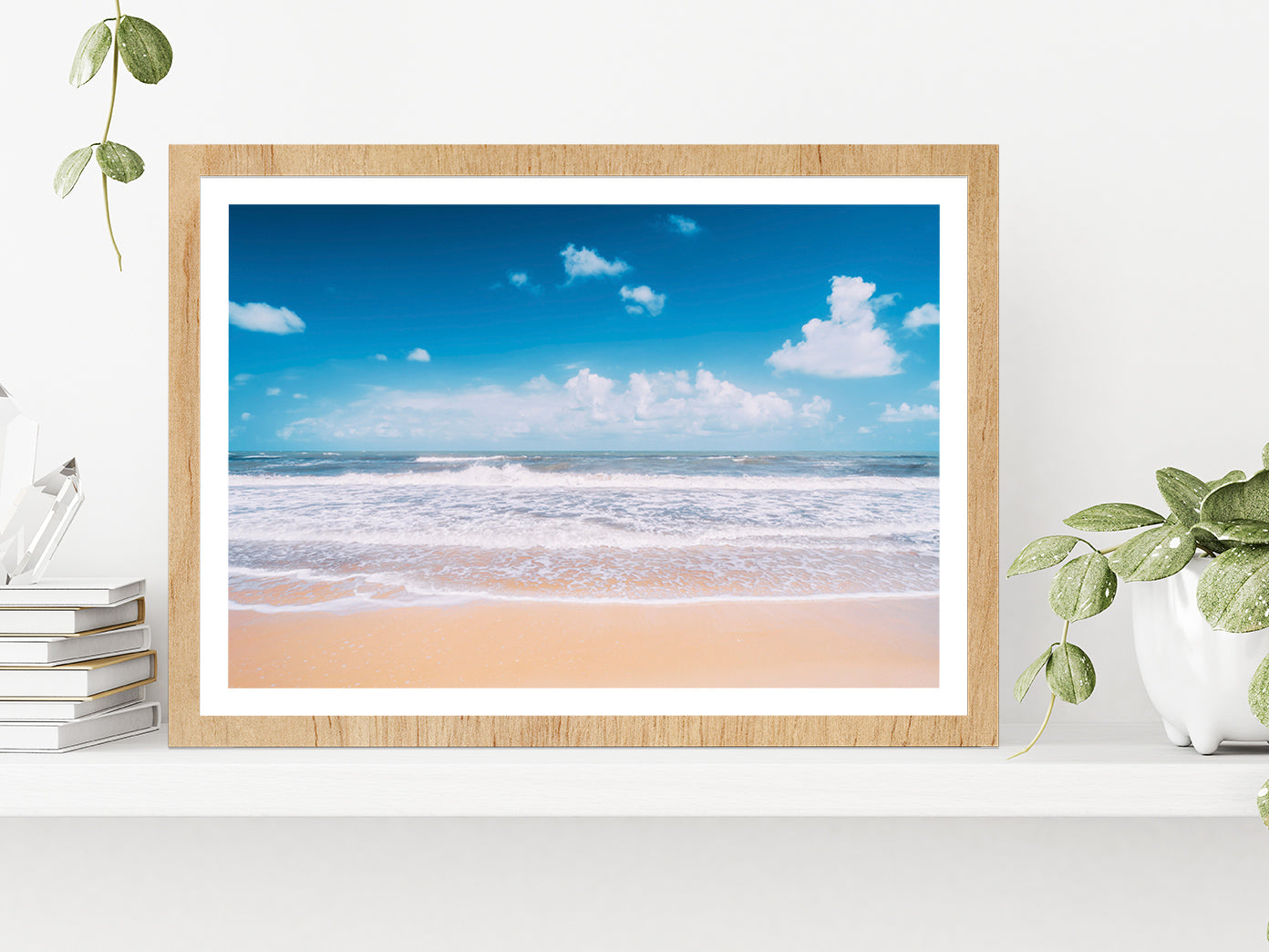 Tropical Beach With Sea Waves Glass Framed Wall Art, Ready to Hang Quality Print With White Border Oak