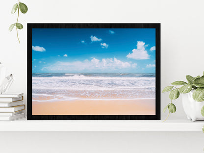 Tropical Beach With Sea Waves Glass Framed Wall Art, Ready to Hang Quality Print Without White Border Black