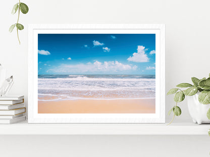 Tropical Beach With Sea Waves Glass Framed Wall Art, Ready to Hang Quality Print With White Border White