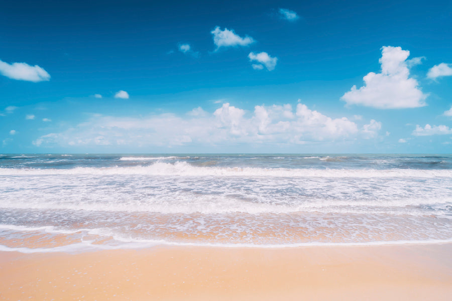 Tropical Beach With Sea Waves Glass Framed Wall Art, Ready to Hang Quality Print