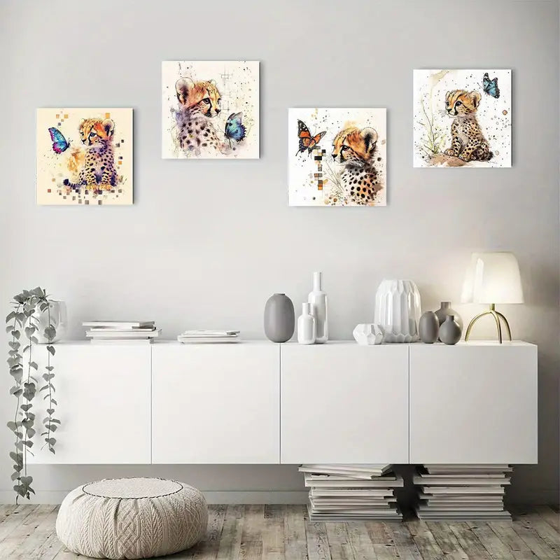 4pcs Cheetah With A Butterfly Wall Art Canvas Framed