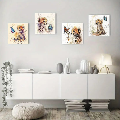 4pcs Cheetah With A Butterfly Wall Art Canvas Framed