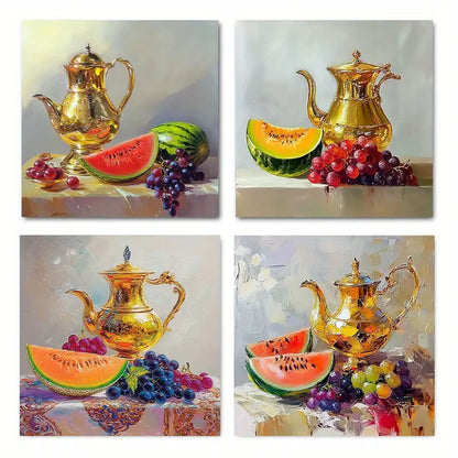 4pcs Golden Tea Kettle And Watermelon Glass Wall Art Canvas Framed