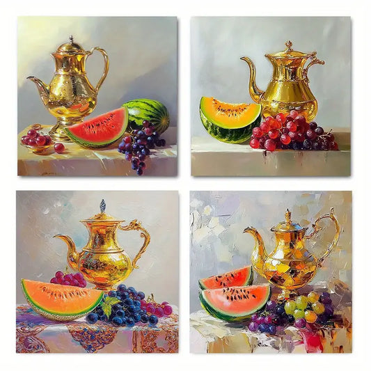 4pcs Golden Tea Kettle And Watermelon Glass Wall Art Canvas Framed