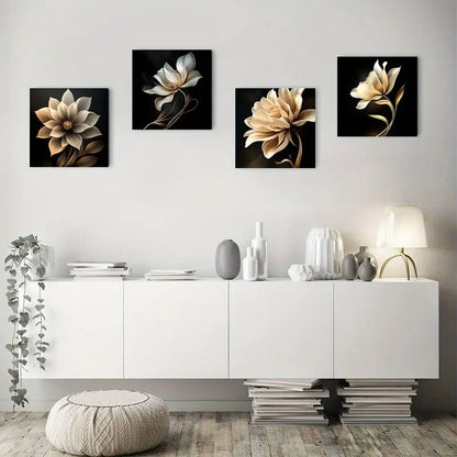 4pcs Golden Flower Theme Wall Art Canvas Framed