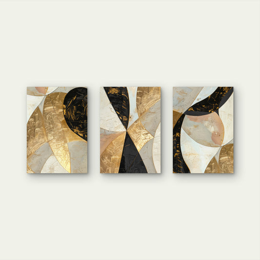 3pcs Gold Black Abstract Geometric Metal Print Ready to Hang Art