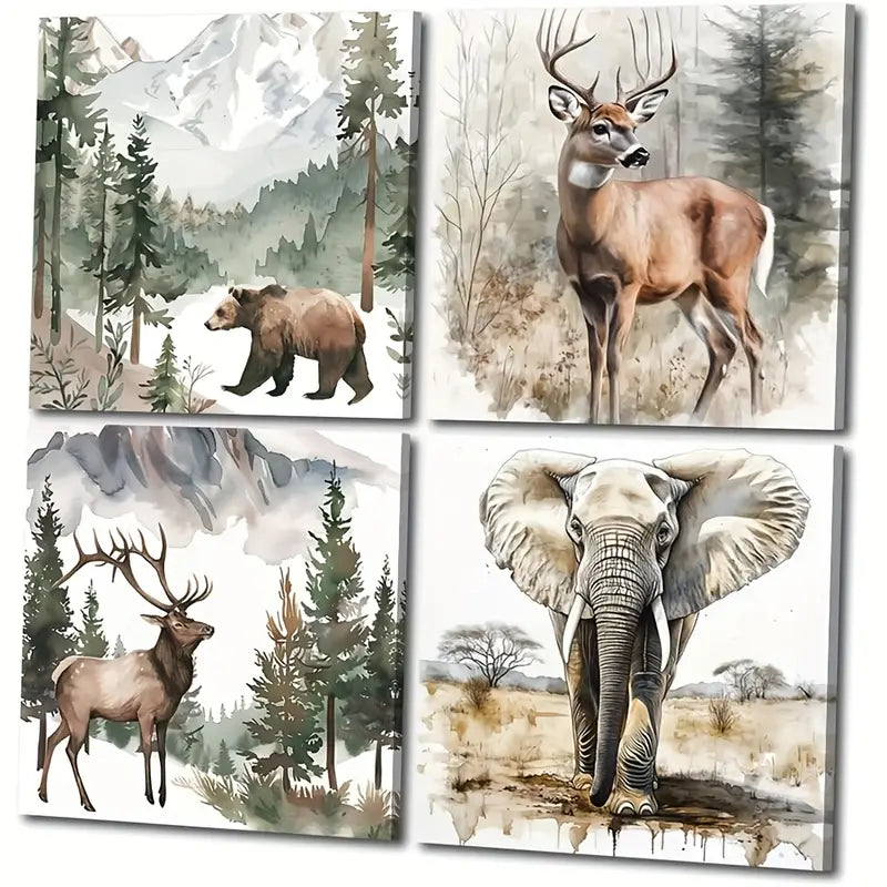 4pcs Deer Bear Elephant Picture Wall Art Canvas Framed