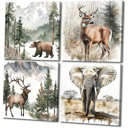 4pcs Deer Bear Elephant Picture Wall Art Canvas Framed