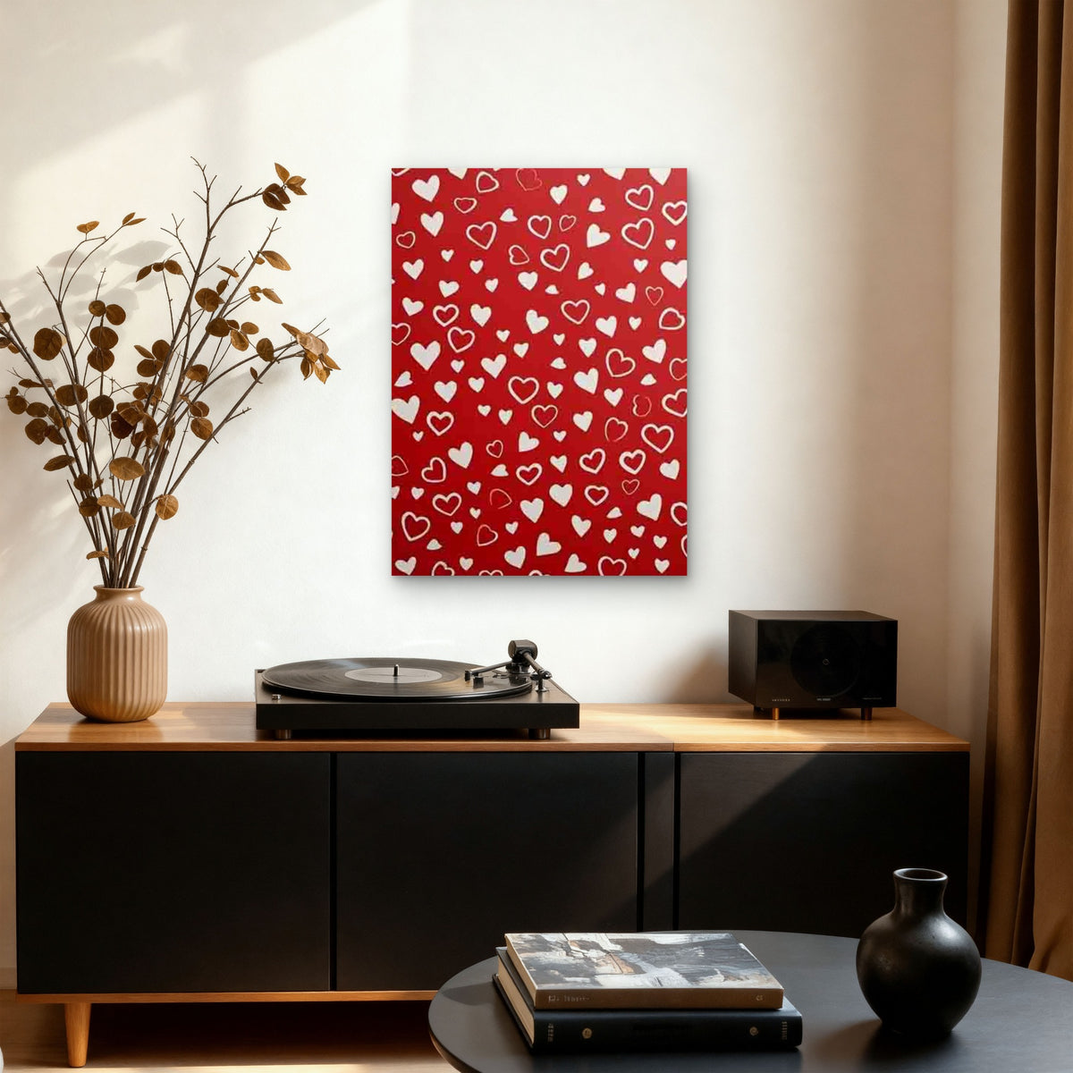 Red Background with White Hearts Pattern Metal Print Ready to Hang