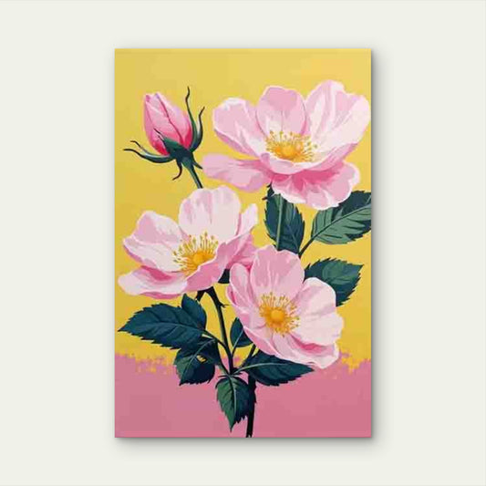 Pink Rose on Yellow Background Retro Metal Print Ready to Hang