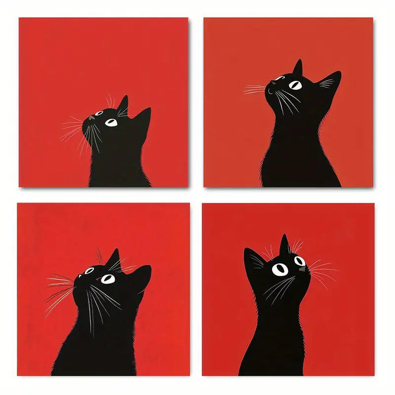 4pcs Black Cat & Red Background BCRB  Wall Art Canvas Framed