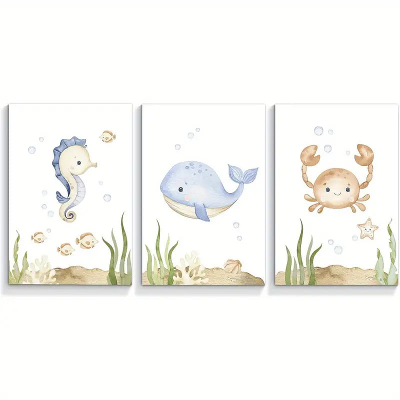 3pcs Ocean Seahorse, Whale & Crab Metal Print Ready to Hang Art