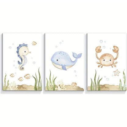 3pcs Ocean Seahorse, Whale & Crab Metal Print Ready to Hang Art