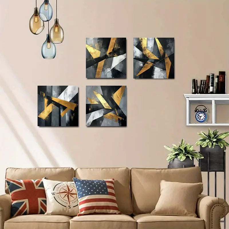 4pcs Golden Black And White Oil Picture Wall Art Canvas Framed