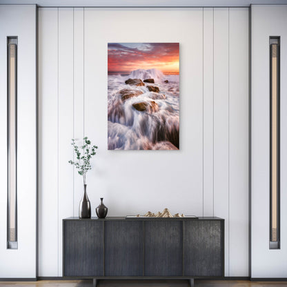 Long-Exposure of Waves Crashing at Sunset 40x60cm Metal Print Ready to Hang