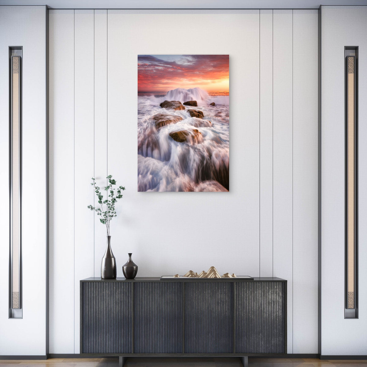 Long-Exposure of Waves Crashing at Sunset 60x90cm Metal Print Ready to Hang