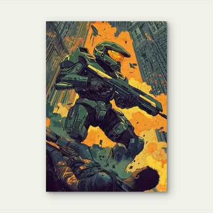 Green Armor Warrior with Gun in City Ruins 60x90cm Metal Print Ready to Hang
