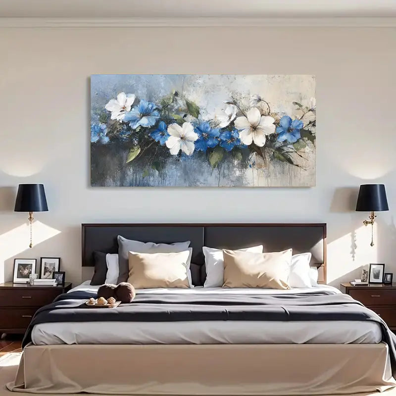 Blue And White Floral wall canvas office home room framed 120x60cm