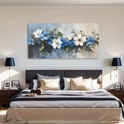 Blue And White Floral wall canvas office home room framed 120x60cm