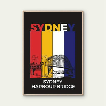 Sydney Harbour Bridge Red, Yellow, Blue & White Travel Poster Print Wall Art