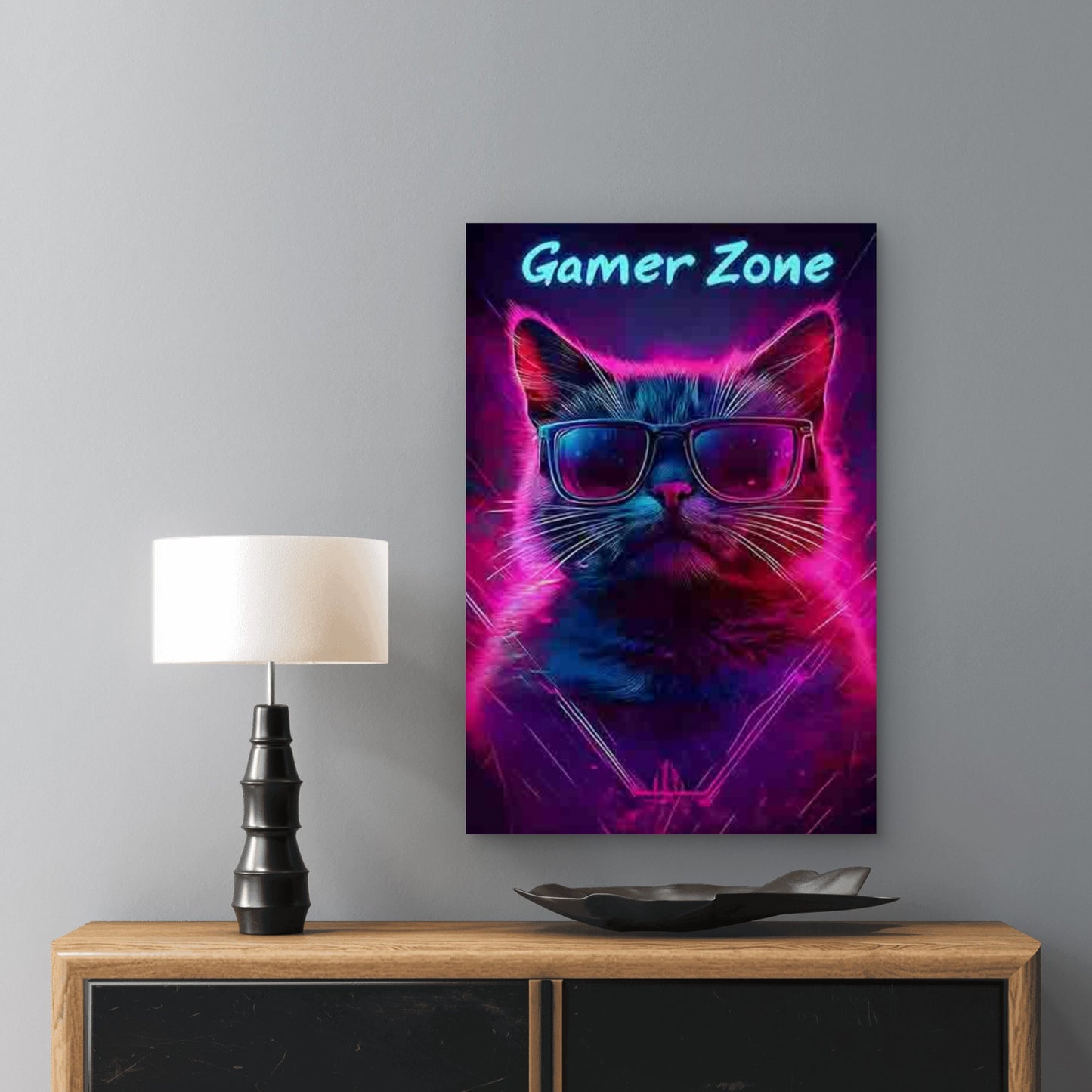 Cat Design Wearing Cool Glasses, Surrounded by Neon Light  60x90cm Metal Print Ready to Hang - Bella Home Decor