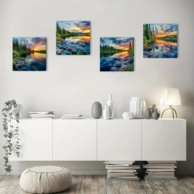 4pcs Edge Of The Lak Themed Wall Art Canvas Framed