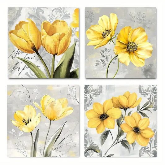 4pcs Yellow Flowers Picture for Home Wall Art Canvas Framed