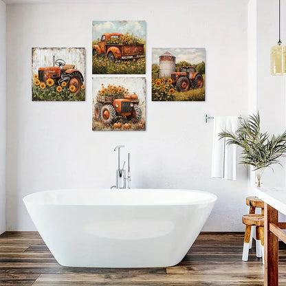4pcs Sunflower Tractor Art Prints Wall Art Canvas Framed