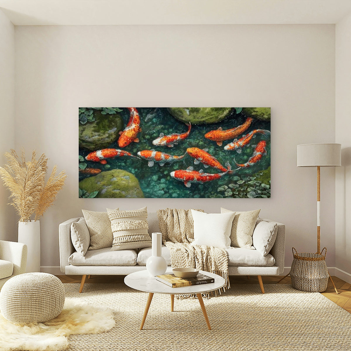 Vibrant Koi Fish Pond Wall Art Canvas Office Home Room Framed 120x60cm