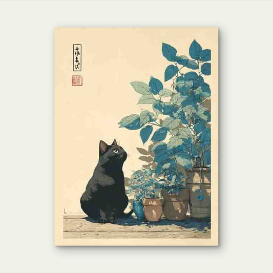 Vintage Japanese Cat & Botanical 40x60cm Metal Print Ready to Hang