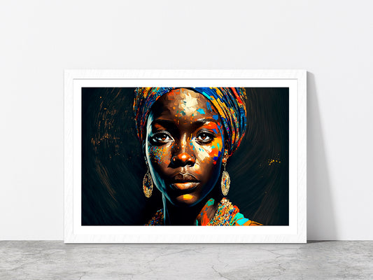 Black Woman Colorful Painting Glass Framed Wall Art, Ready to Hang Quality Print With White Border White