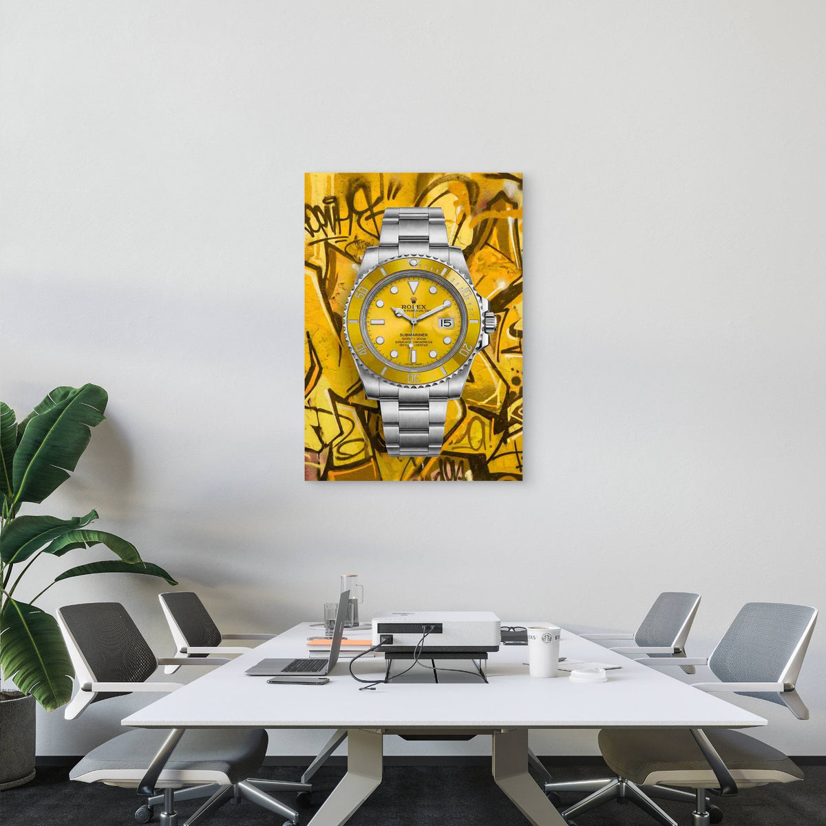 Yellow Luxury Watch Graffiti 40x60cm Metal Print Ready to Hang