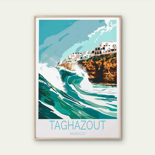 Taghazout Morocco, Big Waves and Houses Travel Poster Print Wall Art