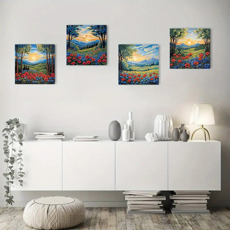 4pcs Colorful Poppy Fields & Sunset Sky Wall Art Canvas Framed