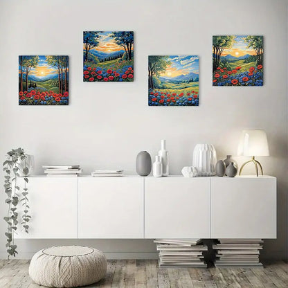 4pcs Colorful Poppy Fields & Sunset Sky Wall Art Canvas Framed