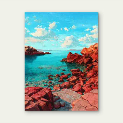 Turquoise Ocean & Red Weathered Rocks Metal Print Ready to Hang