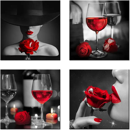 4pcs  Red Rose Wine Glasses  Wall Art Canvas Framed