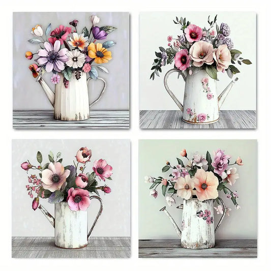 4pcs Pink Wildflowers, Daisies & Multicolor Blooms Wall Art Canvas Framed