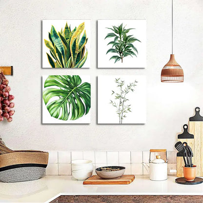 4pcs, Tropical Leaves &  Lush Green Wall Art Canvas Framed